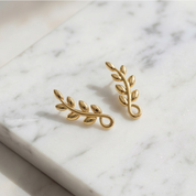 Romantic Floral Olive Leaf Climber Earrings - Gold plated