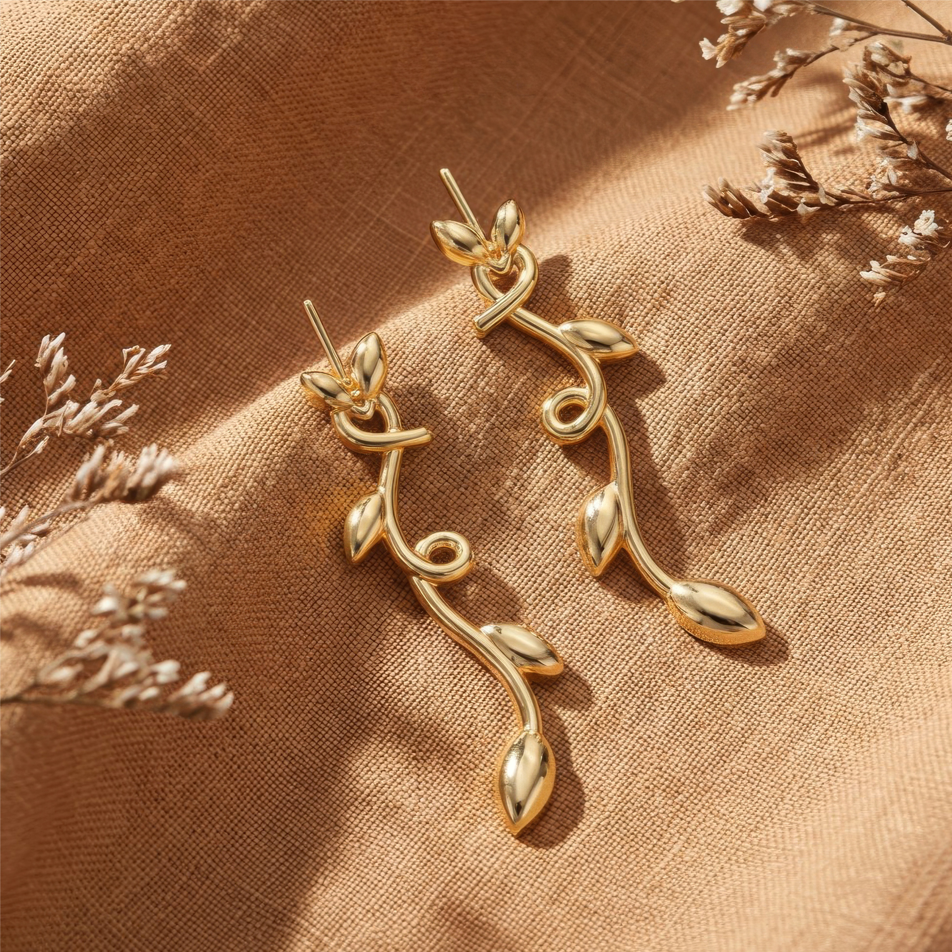 Alokki Romantic Floral Olive Leaf Vine Drop Earrings