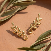 Romantic Floral Olive Leaf Climber Earrings - Gold plated