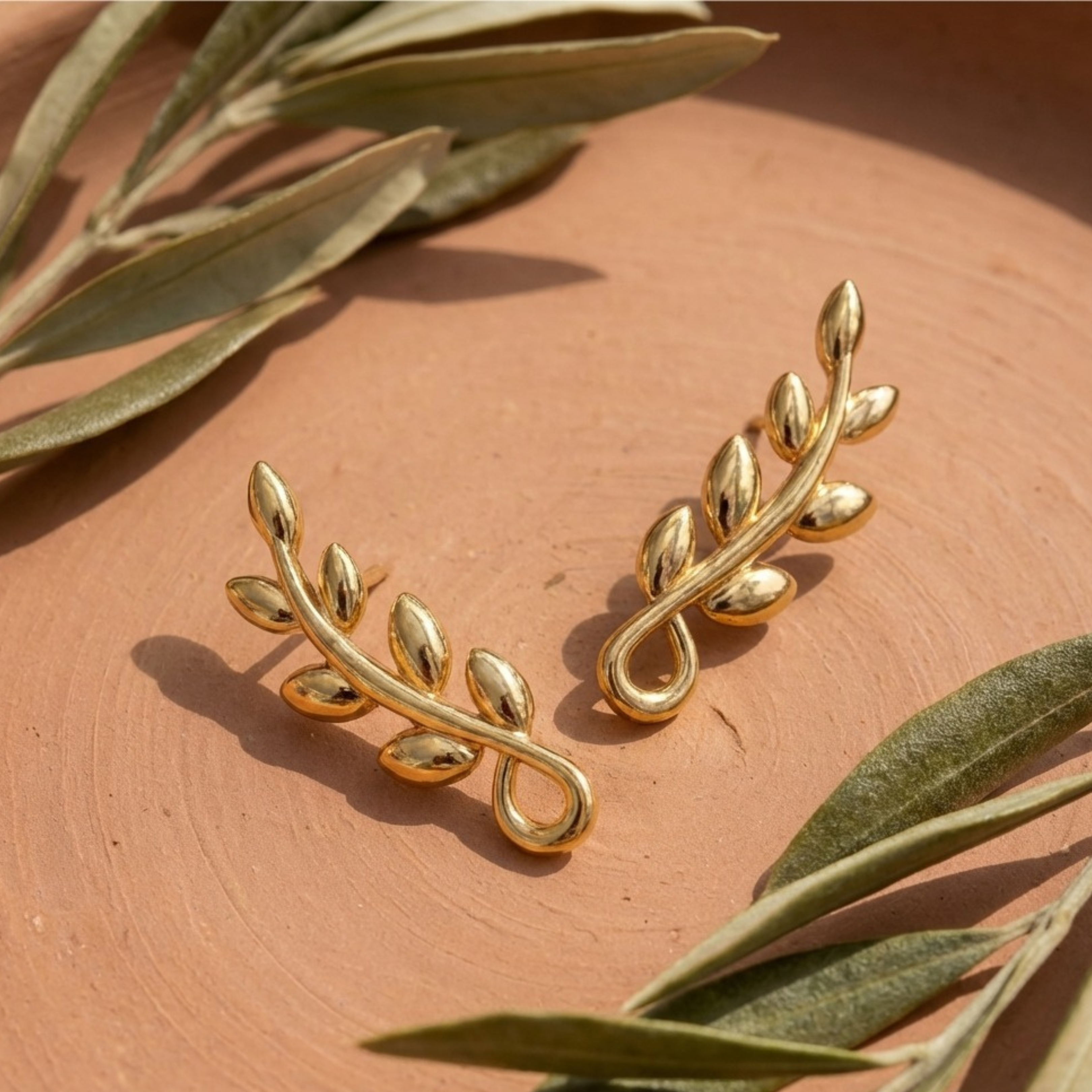 Romantic Floral Olive Leaf Climber Earrings - Gold plated