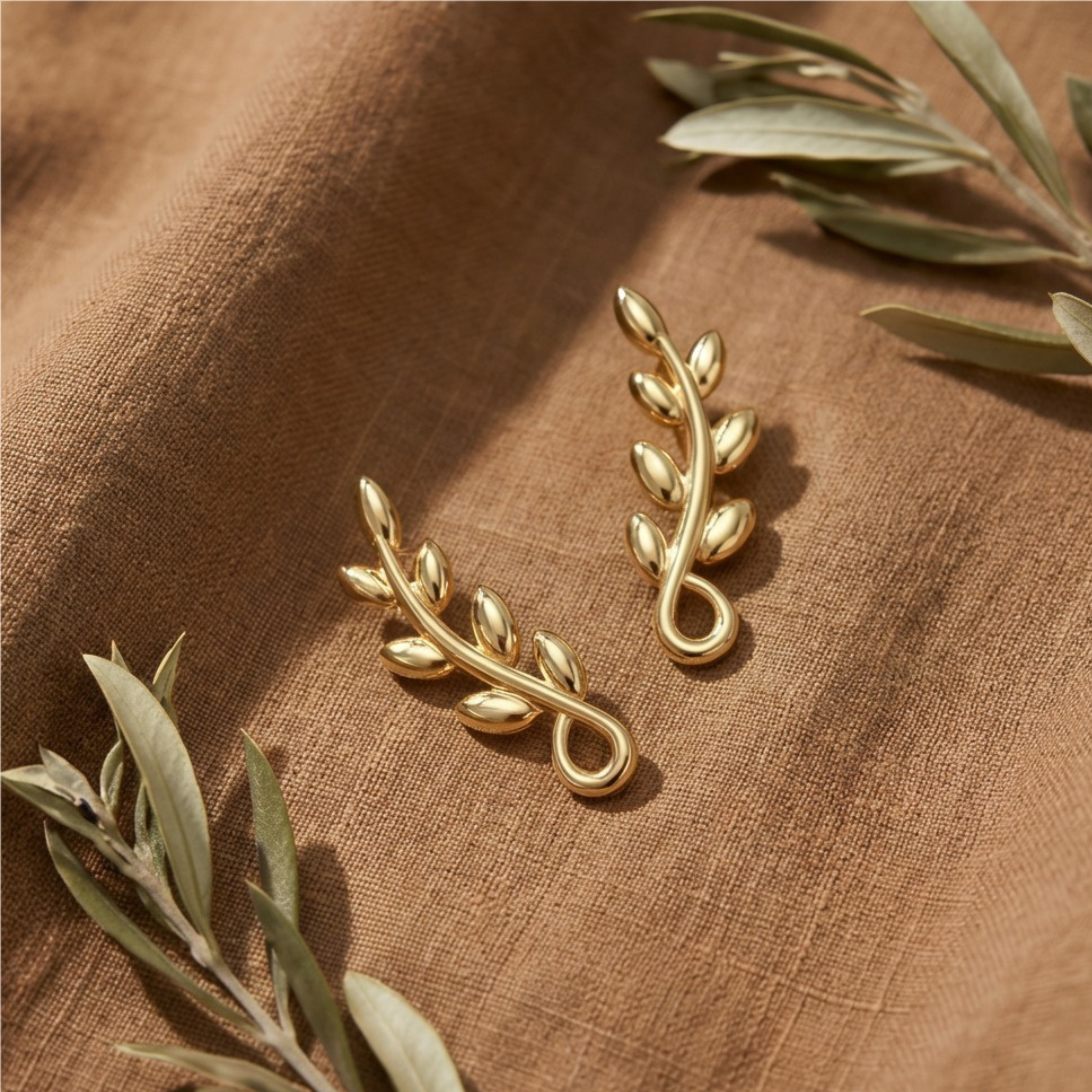 Romantic Floral Olive Leaf Climber Earrings - Gold plated