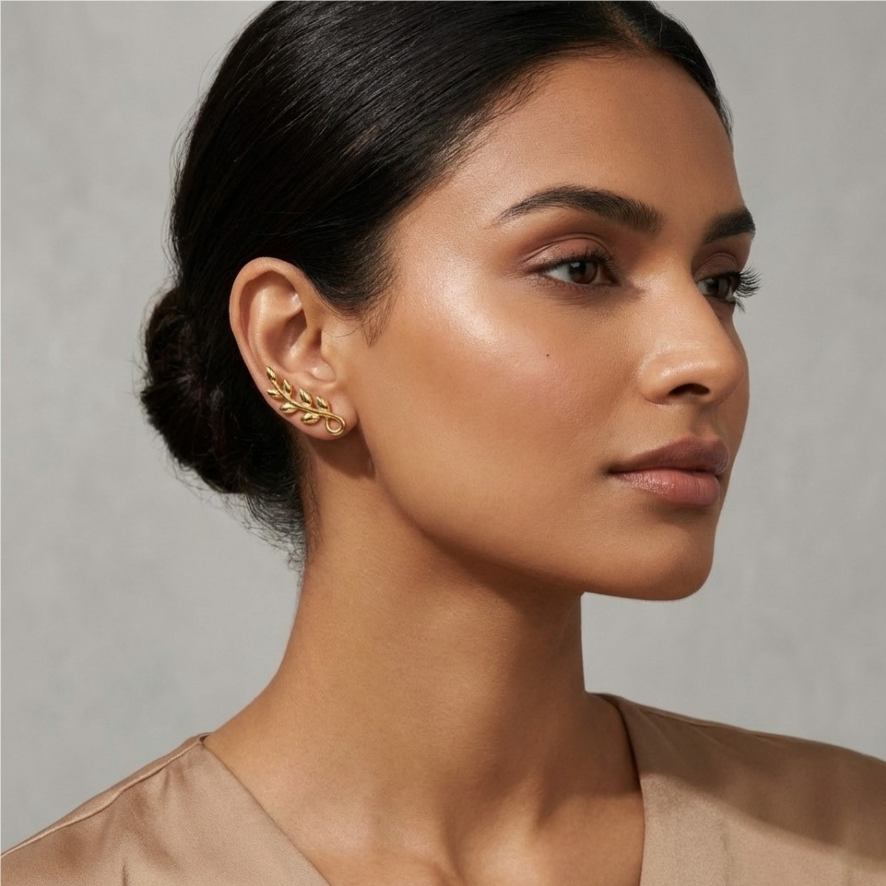 Romantic Floral Olive Leaf Climber Earrings - Gold plated