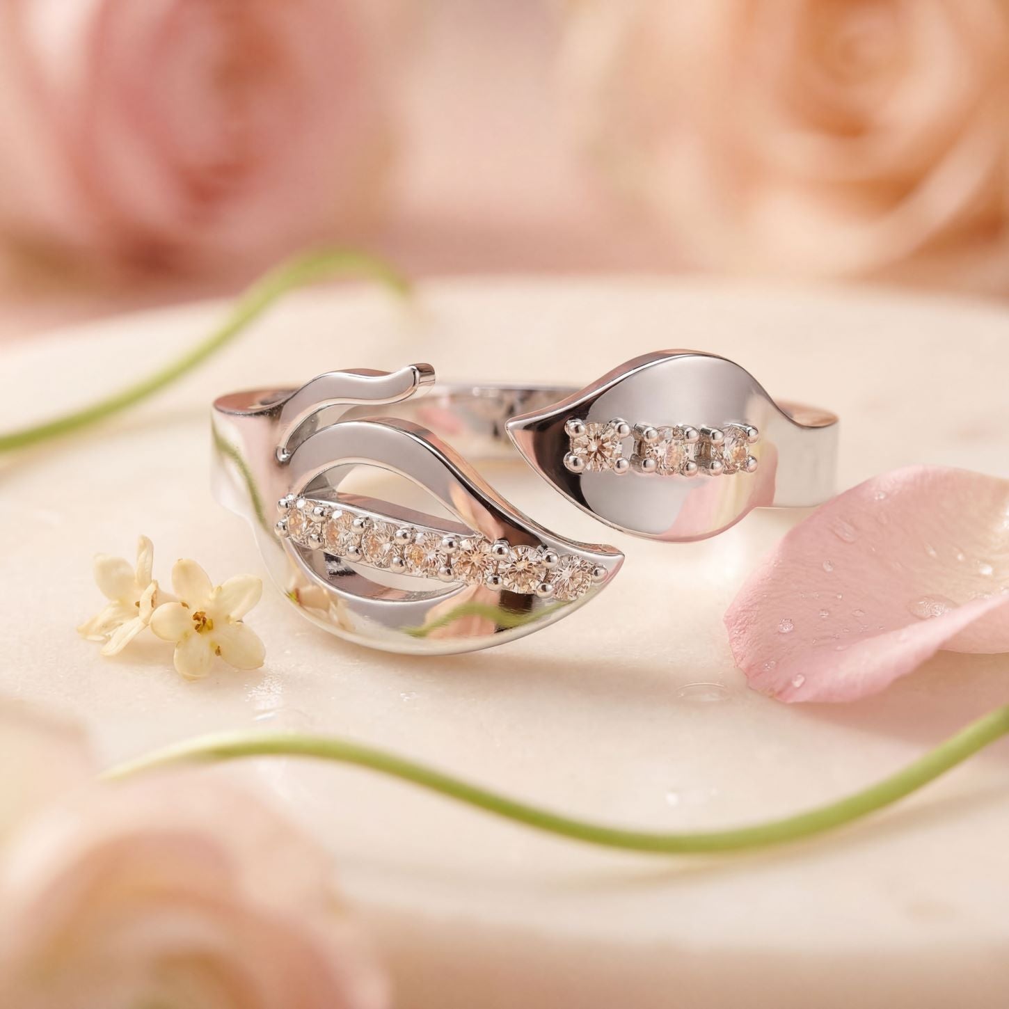 Romantic Floral Leaf Bypass Ring