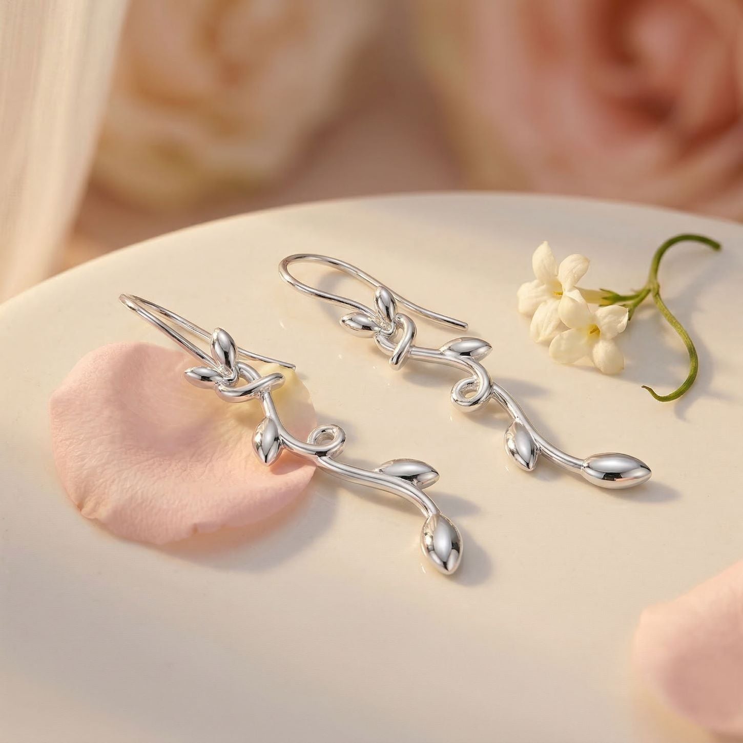 Alokki Romantic Floral Olive Leaf Vine Drop Earrings