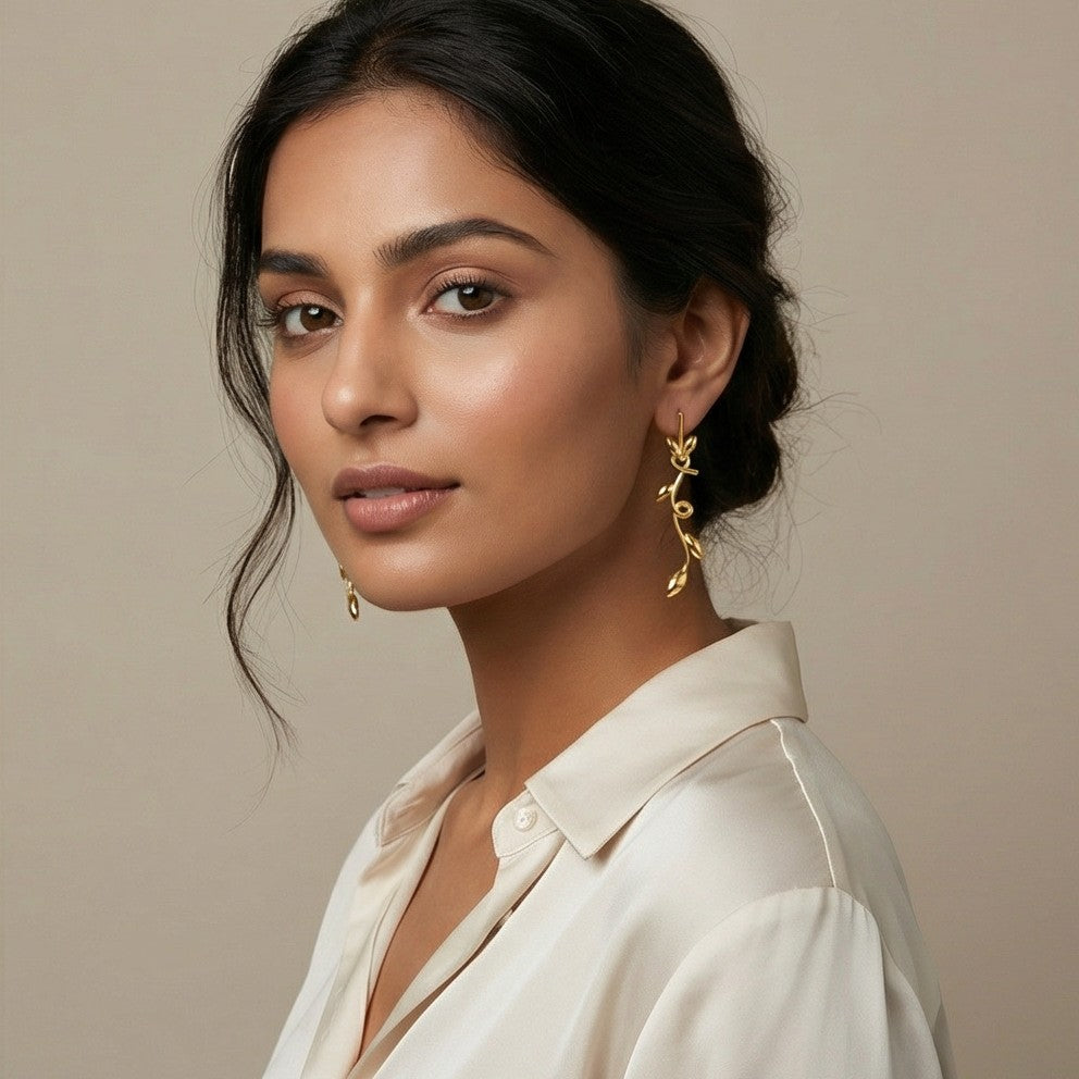 Alokki Romantic Floral Olive Leaf Vine Drop Earrings