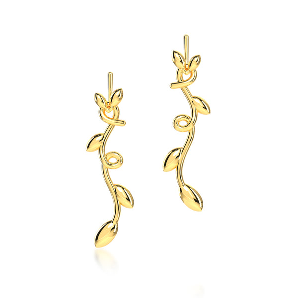 Romantic Floral Olive Leaf Vine Drop Earrings- Gold Plated