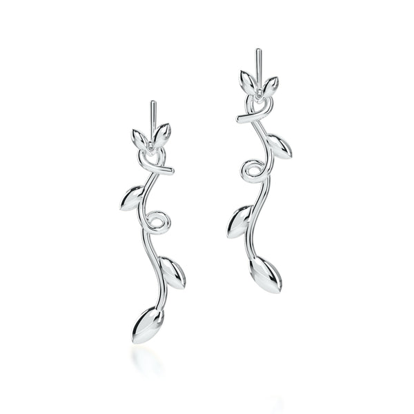 Romantic Floral Olive Leaf Vine Drop Earrings- Silver Plated