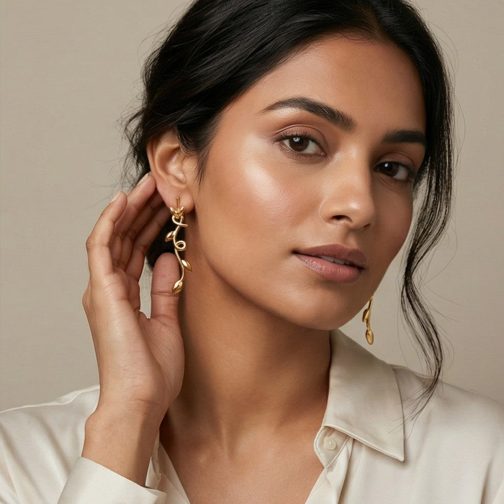 Alokki Romantic Floral Olive Leaf Vine Drop Earrings